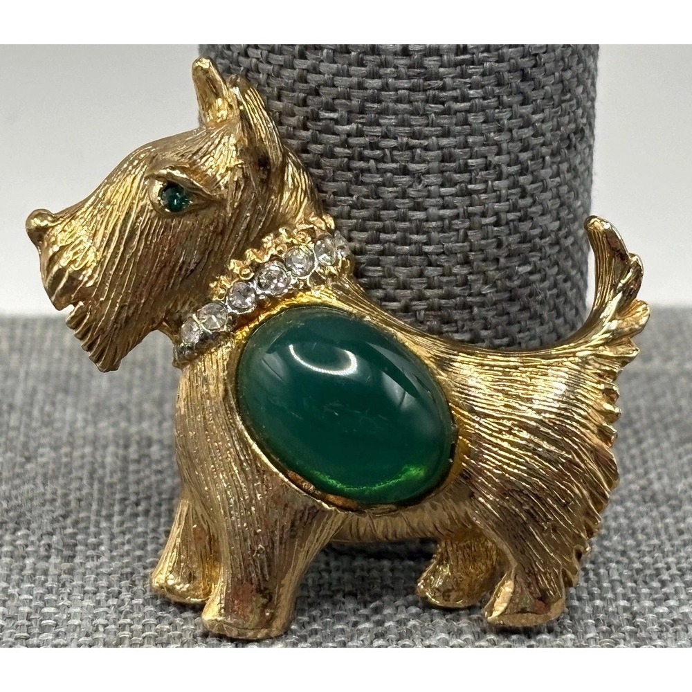 Vintage Gold Tone Scottie Dog Brooch Green Cabochon Rhinestone Pin